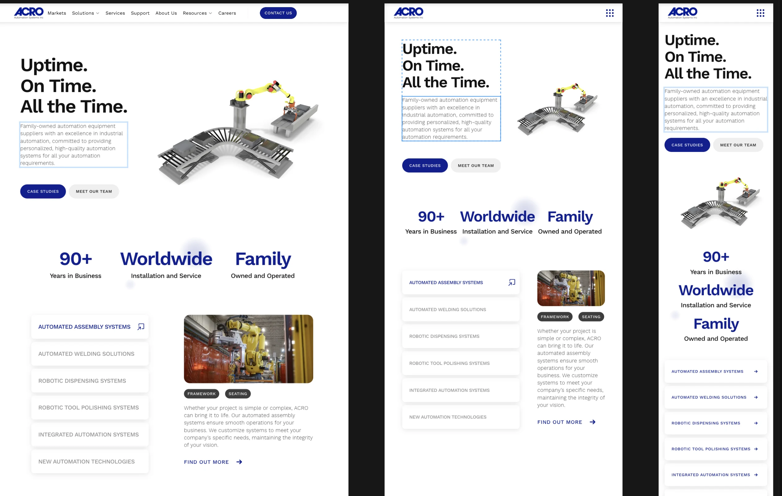 ACRO homepage prototype in Framer, shown across desktop, tablet, and phone breakpoints