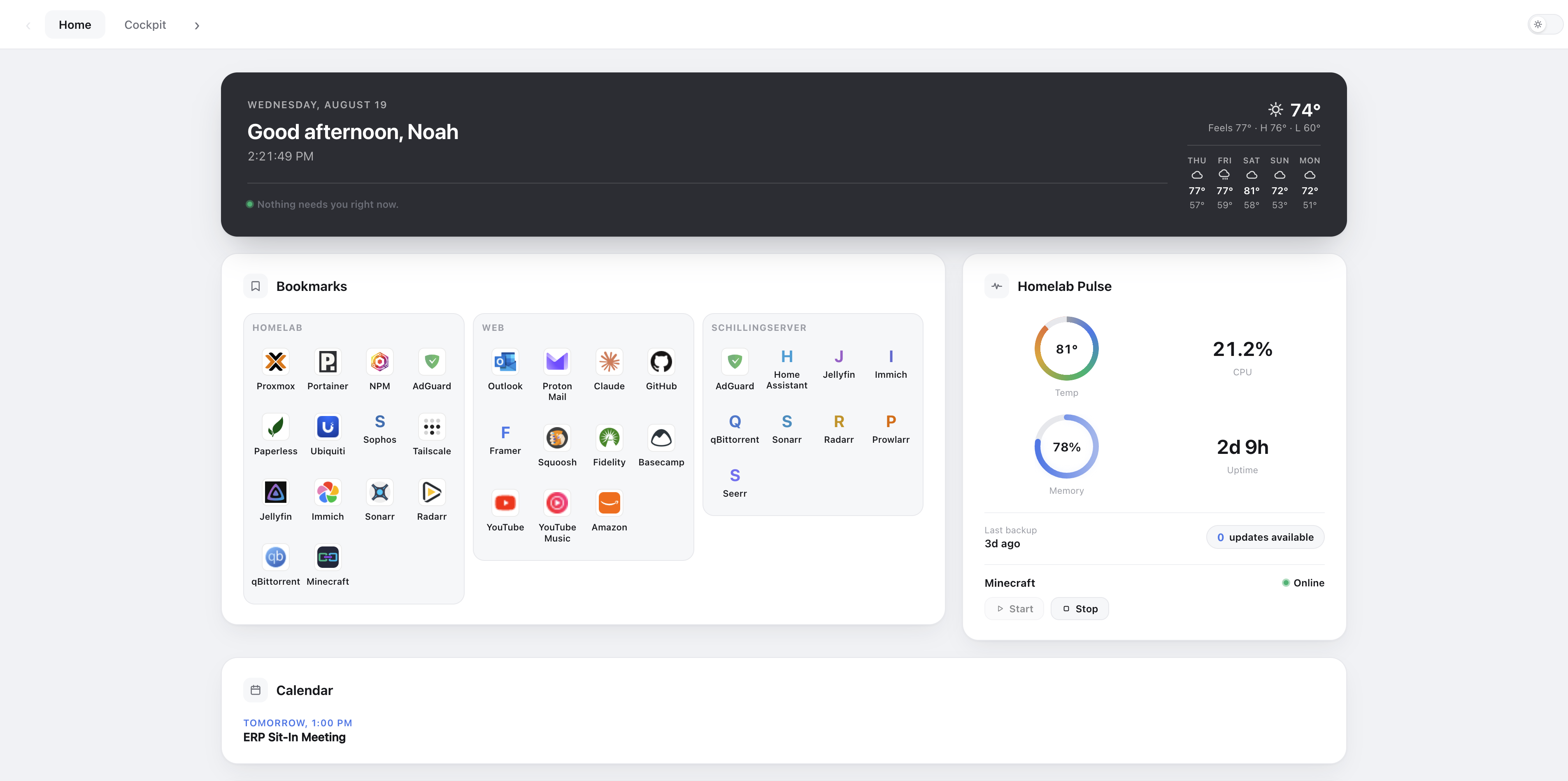 The Command Center dashboard's Home tab: a greeting card reading "Nothing needs you right now" with the local forecast, bookmarked services grouped by host, a Homelab Pulse panel showing temperature, CPU, memory, uptime, last backup and pending updates, and the week's calendar