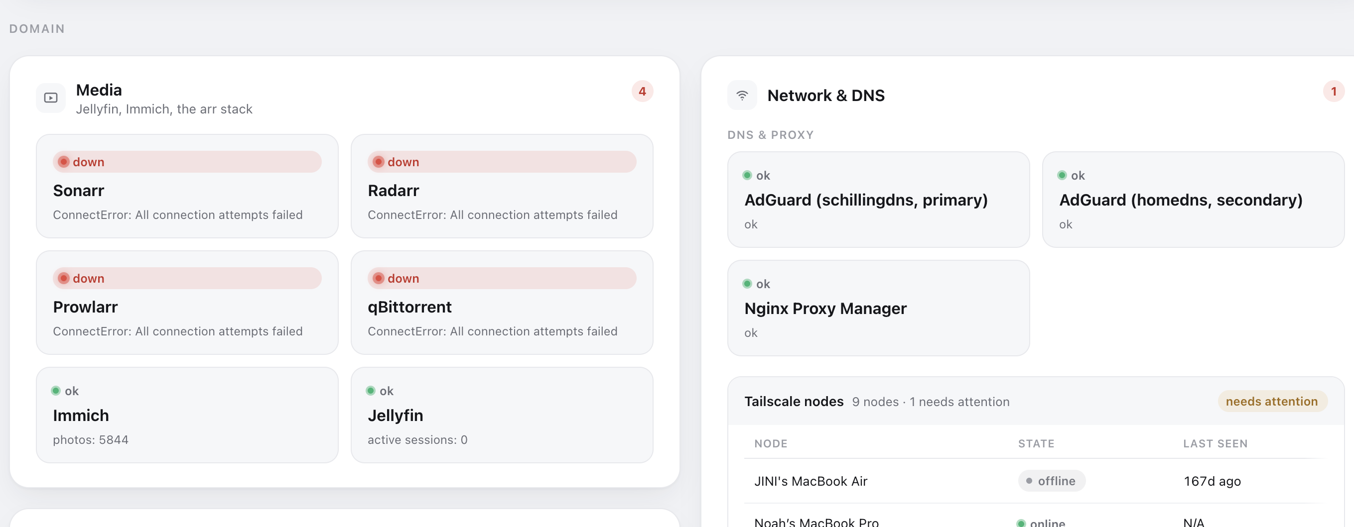 The dashboard's domain panels when something needs attention, showing red down states and a needs-attention pill
