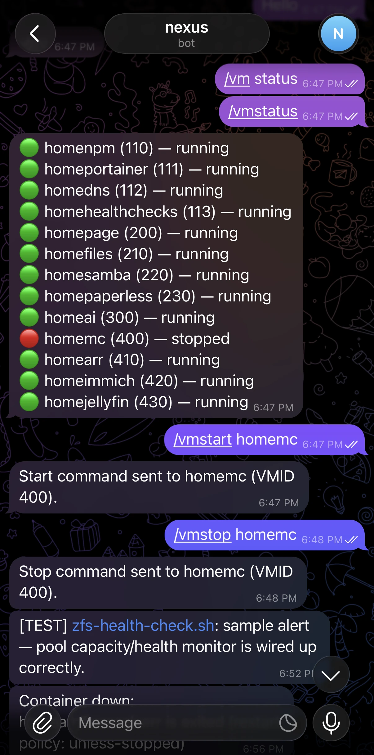 Texting the homelab's Telegram bot to check VM status, start a VM, stop it, and a monitoring alert firing in the same thread