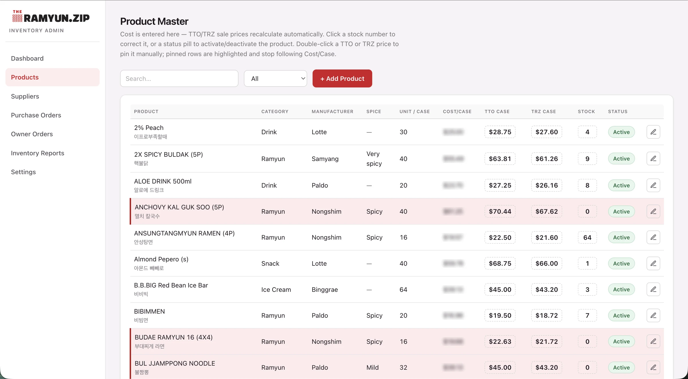 The full product master screen: brand sidebar with dashboard, products, suppliers, purchase orders, owner orders, inventory reports and settings, beside a table of the whole catalog showing category, manufacturer, spice level, units per case, cost, both channel prices, live stock and a status pill on every row.