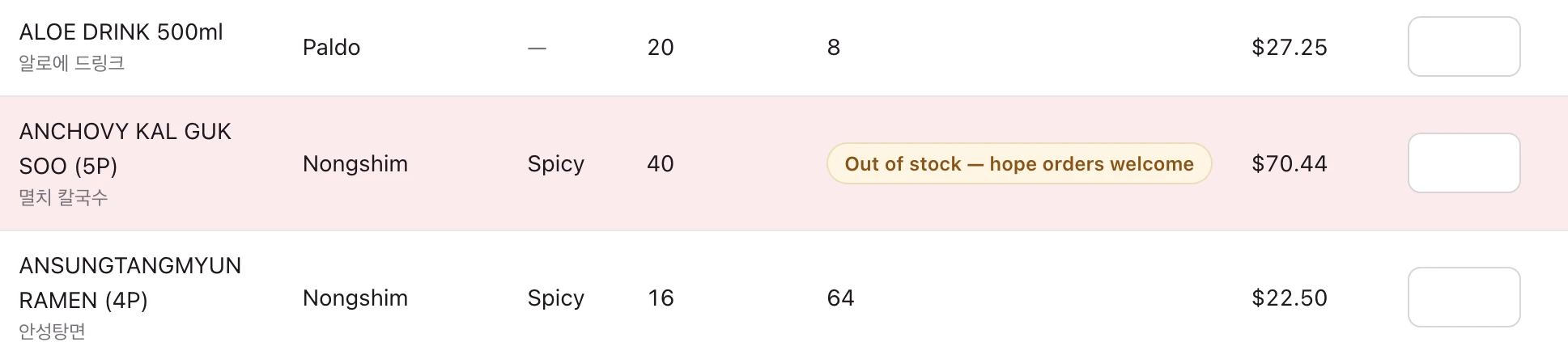 Three rows of the store catalog. The middle row is tinted red and, in place of a stock number, carries a pill reading Out of stock, hope orders welcome. Its quantity field is still editable.