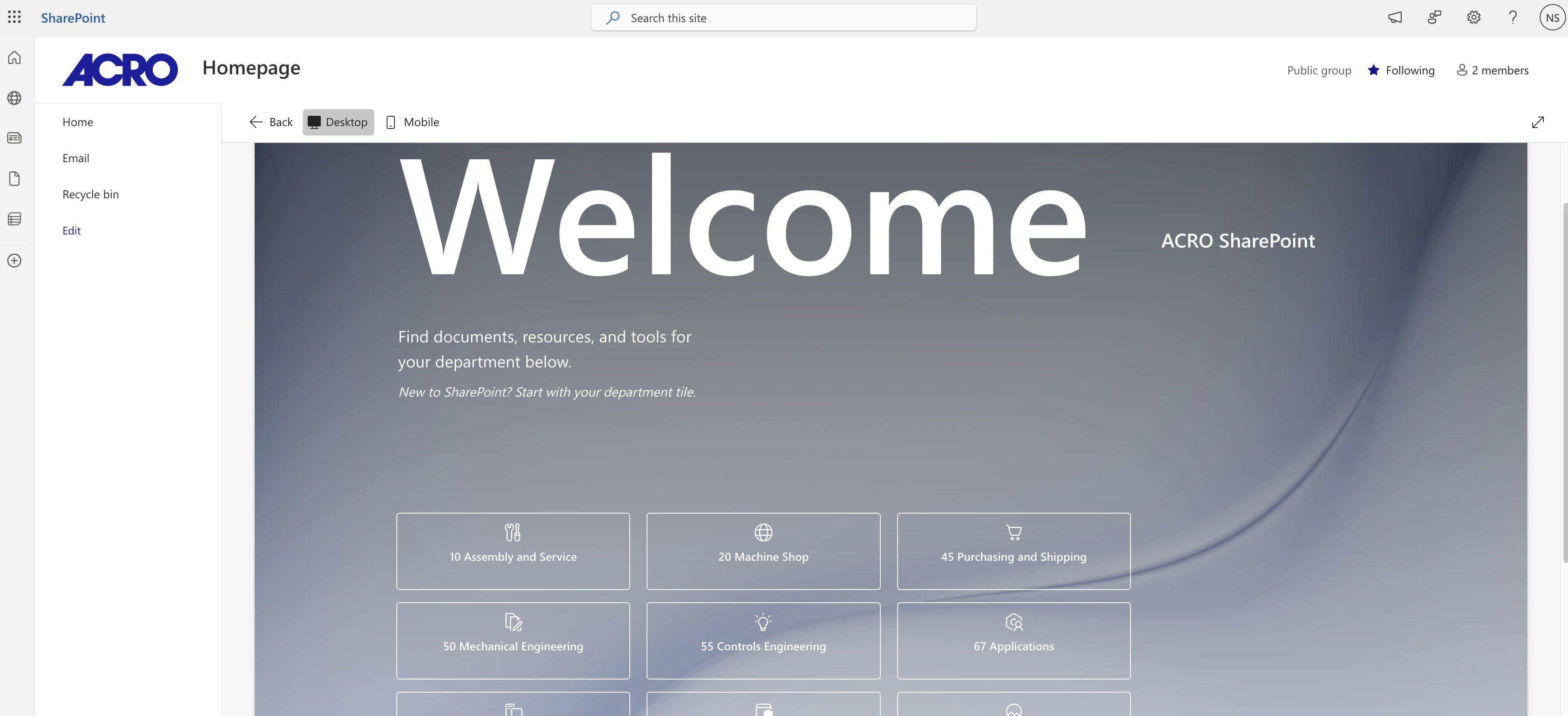 ACRO SharePoint homepage showing department navigation tiles